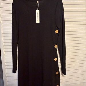 Black Button-Accent Long Sleeve Dress